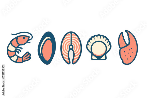Assortment of fresh seafood icons including shrimp, salmon, mussel, scallop, and crab claw for culinary design