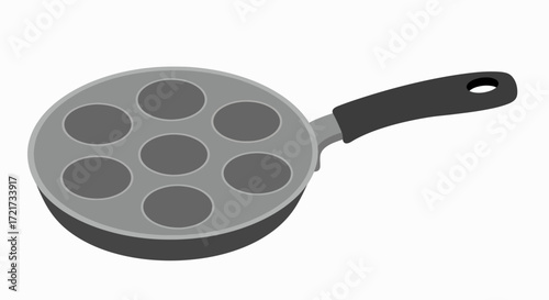 A gray, round, non-stick pan with compartments for cooking small items, like dumplings or small cakes.