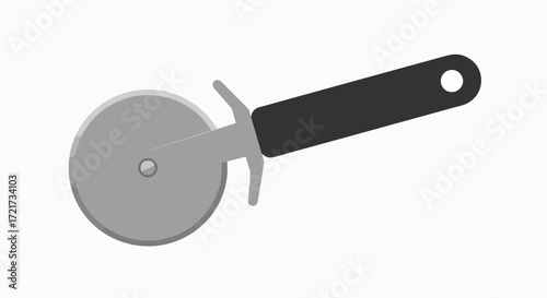 A close-up image of a silver pizza cutter with a black handle on a white background.