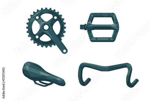 Set of essential bicycle components including crankset, pedal, saddle, and handlebars for cycling design projects