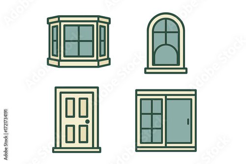 Set of diverse architectural windows and doors including bay, arched, and sliding styles, plus a classic paneled door for building design