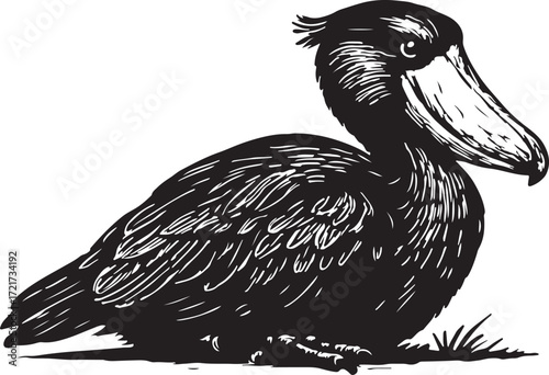 Whimsical black and white ink sketch of a shoebill bird with a large distinctive beak sitting on grass