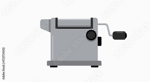 A simple, flat illustration of a gray manual pasta maker with a crank handle and a black adjustment knob.