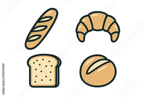 Variety of fresh baked goods and breakfast pastries such as baguette, croissant, toast, and bread roll