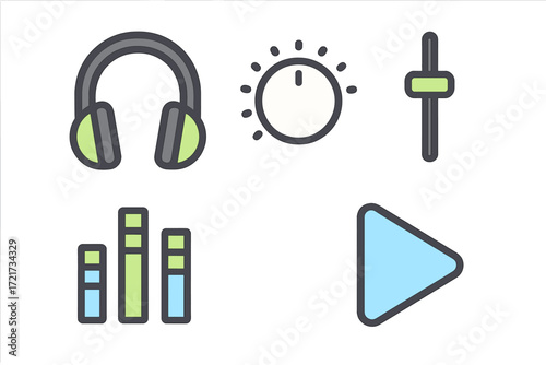 Modern audio and media player control interface with headphones, volume dial, equalizer, and play button