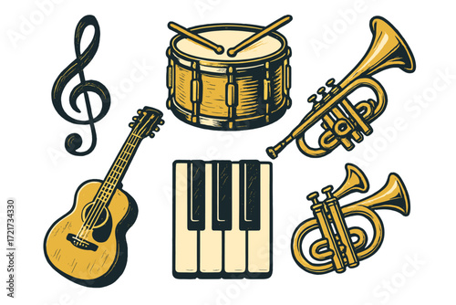 Classic musical instruments collection featuring guitar, drum, trumpet, piano keys, and a treble clef symbol