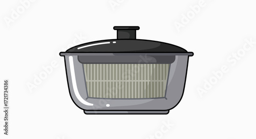 A cartoon illustration of a grey and black salad spinner with an inner basket, used for drying washed vegetables.