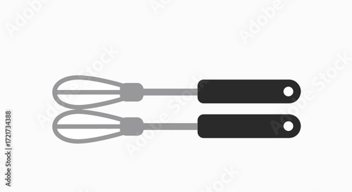 Two hand whisks, side by side, with gray wire loops and black handles, ready for use.