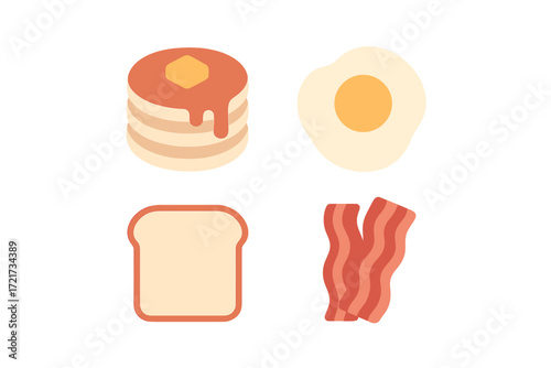 Delicious classic breakfast food items assortment with pancakes, fried egg, toast, and crispy bacon served for a morning meal