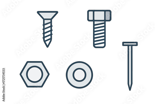 Assortment of common hardware fasteners including screw, bolt, nut, washer, and nail for construction and repair
