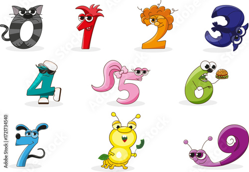 Cute cartoon number characters set for kids education