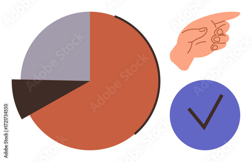 Pie chart showing divided data, hand pointing for direction or focus, and checkmark for approval or completeness. Ideal for analytics, planning, decisions, progress, organization, prioritization
