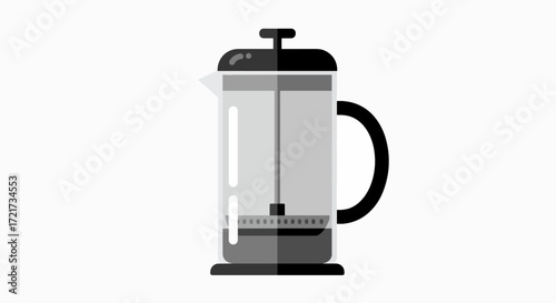 A minimalist illustration of a glass French press coffee maker with a black handle and lid, set against a plain white background.