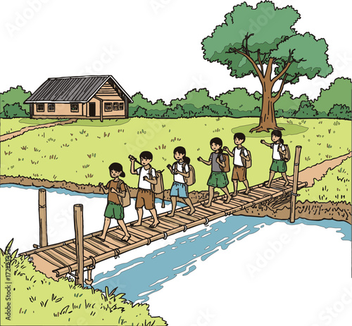 Vector line art of rural children crossing bamboo bridge or pole to reach school. Symbolizes education, determination, and village life. EPS-ready for cultural and editorial themes.
