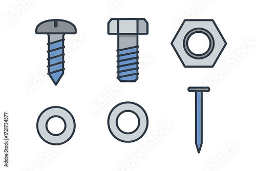 Assortment of common metal fasteners and hardware components including screws, bolts, nuts, washers, and a nail