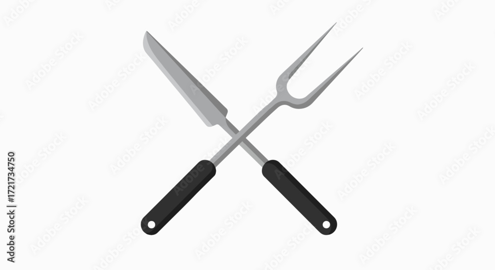 Fototapeta premium Crossed carving knife and fork with black handles.