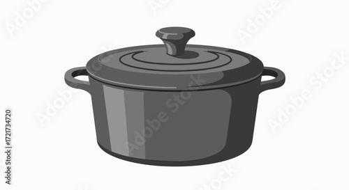 A grayscale image of a dark gray cast iron Dutch oven with a lid and handles.