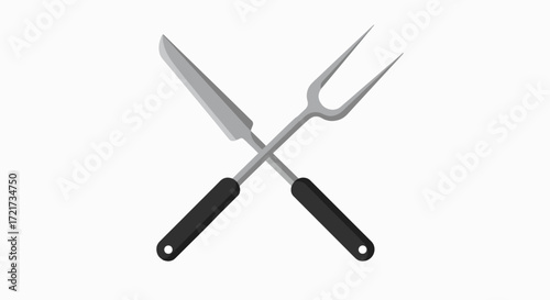 Crossed carving knife and fork with black handles.