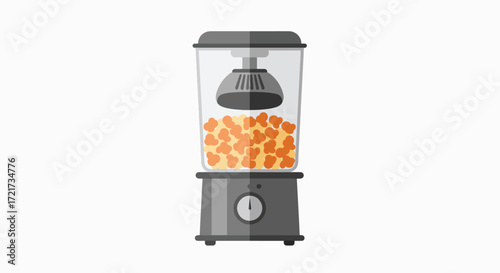 An illustration of a modern popcorn machine with popped corn inside, ready for a delicious snack.