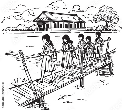 Vector line art of rural children crossing bamboo bridge or pole to reach school. Symbolizes education, determination, and village life. EPS-ready for cultural and editorial themes.
