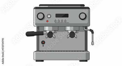 Illustration of a silver espresso machine with two spouts and a digital display.