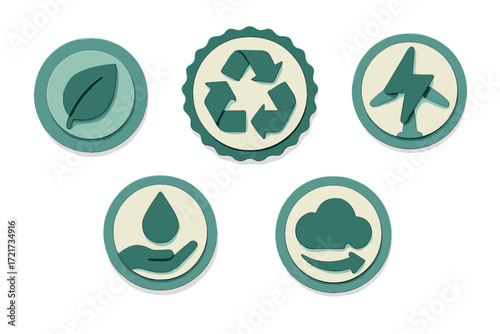 Stylized graphic icons depicting environmental sustainability, renewable energy, recycling, water conservation, and clean air initiatives