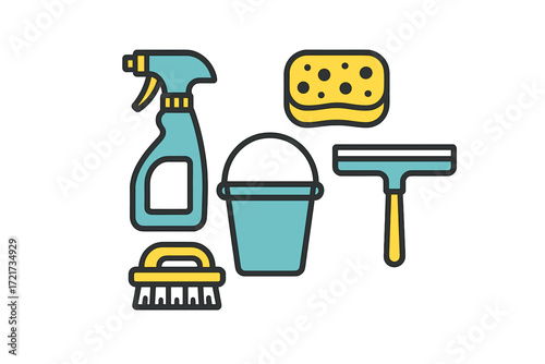 Collection of household cleaning supplies and equipment for domestic chores and sanitation tasks