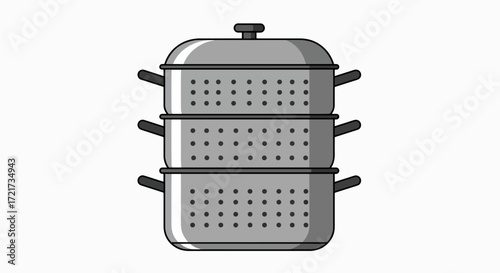 A three-tiered stainless steel steamer basket with a lid, used for cooking food with steam.