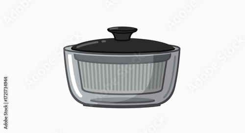 Clear glass cooking pot with a black lid and a grey ribbed insert, designed for kitchen use.
