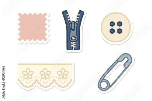 Essential sewing notions and accessories collection featuring zipper, button, fabric swatch, lace, and safety pin for various craft projects