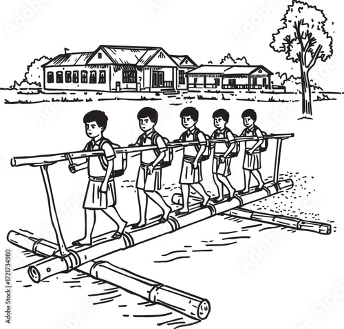 Vector line art of rural children crossing bamboo bridge or pole to reach school. Symbolizes education, determination, and village life. EPS-ready for cultural and editorial themes.
