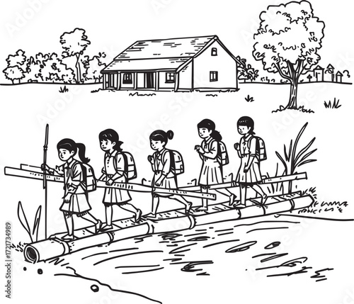 Vector line art of rural children crossing bamboo bridge or pole to reach school. Symbolizes education, determination, and village life. EPS-ready for cultural and editorial themes.
