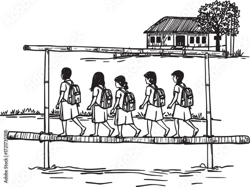 Vector line art of rural children crossing bamboo bridge or pole to reach school. Symbolizes education, determination, and village life. EPS-ready for cultural and editorial themes.
