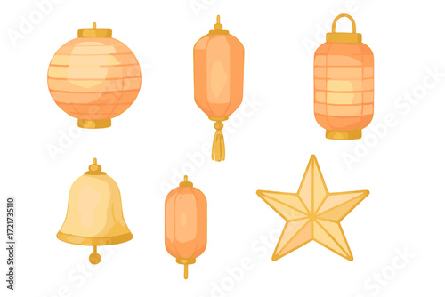Traditional festive lanterns, decorative bell, and golden star for holiday celebrations and cultural events