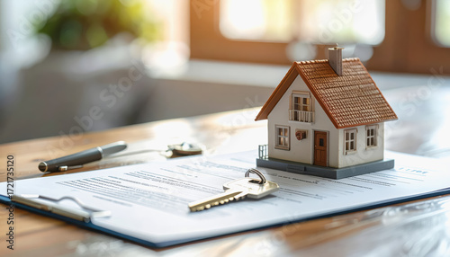 House illustration on paper with key for mortgage loan approval in financial planning with copy space for text