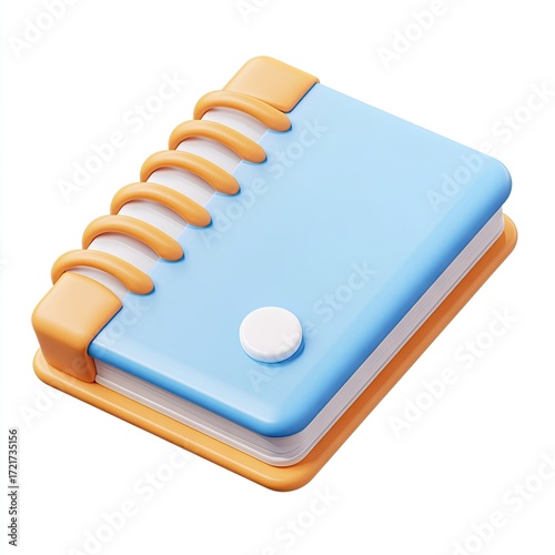 3D cartoonish notebook icon.  Light blue cover, orange accents, spiral binding.  Simple, stylized design