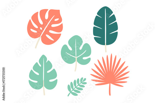 Vibrant tropical foliage collection featuring monstera, palm, and other exotic leaf shapes in a modern style