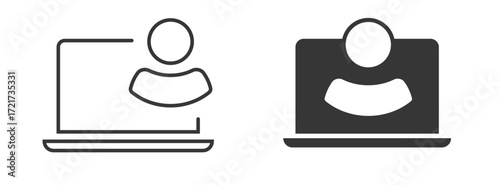 Laptop computer with user person account icon on screen vector graphic illustration set line stroke outline, bold solid virtual video call webinar pictogram simple sign symbol logo, login or signin
