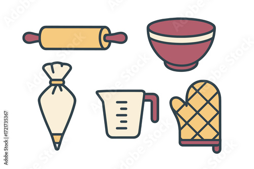 Essential baking tools and kitchen utensils like rolling pin, mixing bowl, and oven mitt for pastry preparation