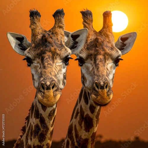 Two giraffes face forward at sunset