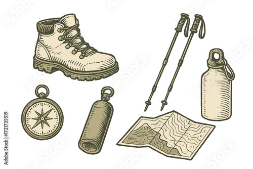 Outdoor adventure equipment set with hiking boot, trekking poles, water bottle, compass, and map for wilderness exploration