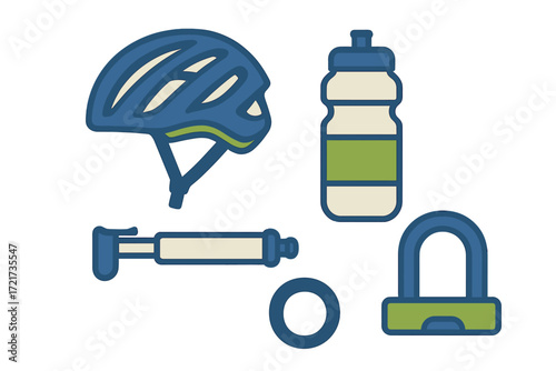 Cycling accessories set with helmet, water bottle, pump, and lock for bicycle safety and hydration