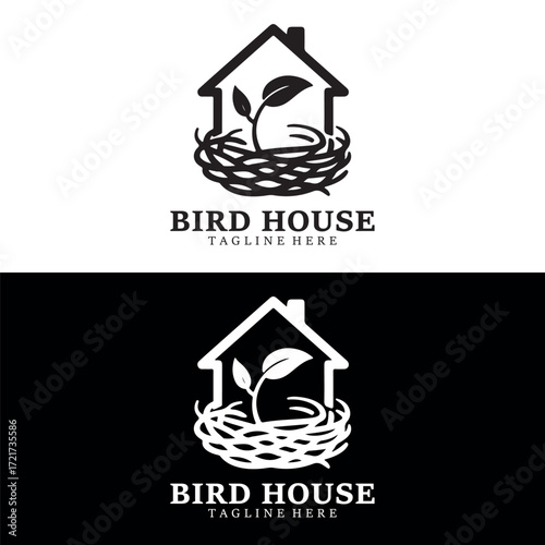 Modern Bird House Logo Design Vector | Nest, Leaves & Home Symbol