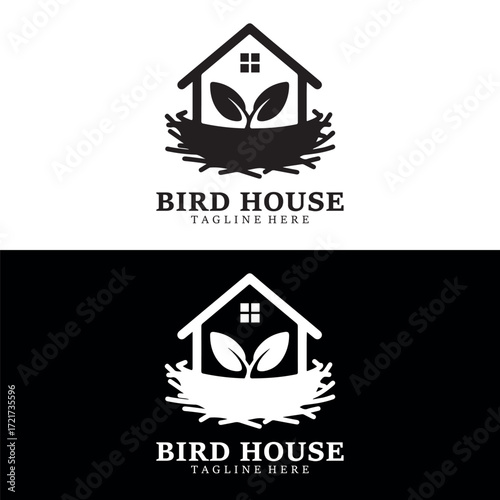 Modern Bird House Logo Design Vector | Nest, Leaves & Home Symbol