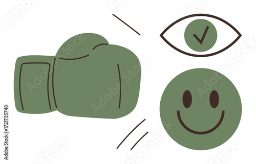 Boxing glove and happy face with an eye carrying a checkmark. Ideal for motivation, success, determination, achievement, focus, personal growth, teamwork. A simple flat metaphor