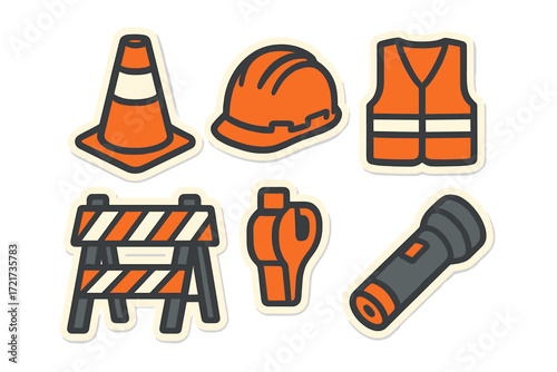Construction site safety equipment and tools set with hard hat, vest, cone, barrier, whistle, flashlight