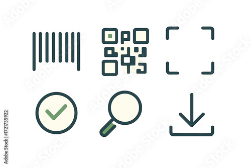 Digital data and interaction symbols with barcode, QR code, scan frame, checkmark, magnifying glass, and download arrow