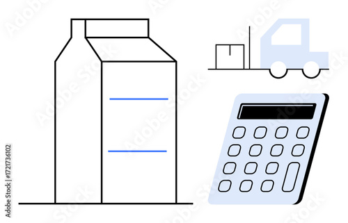 Large warehouse, truck with cargo, and calculator emphasizing logistics, supply chain, cost management. Ideal for shipping, inventory, commerce, finance planning operation simple flat metaphor