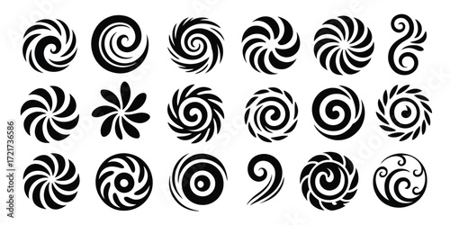 Decorative Swirl and Spiral Vector Silhouette Set,  Elegant Ornamental Flourishes, Curved Shapes, and Vintage Elements for Invitations, Logos, Tattoo Art, Wedding Design, and Stylish Creative Projects