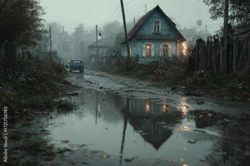 Fototapeta premium Rural house with glowing windows reflecting in a large puddle on a wet dirt road